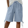 thumbnail image 2 of Bloomae Bermuda Shorts for Women Knee Length Drawstring Elastic Waist Linen Lounge Shorts Lightweight Casual Summer Gauze Pedal Pushers with Pockets Light Blue XXL, 2 of 10