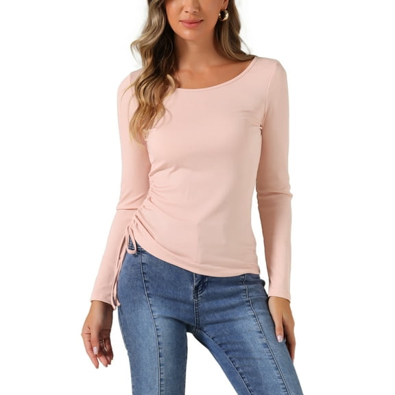 INSPIRE CHIC Women's Drawstring Ruched Top Round Neck Long Sleeve Irregular Hem Basic T-shirt Tops
