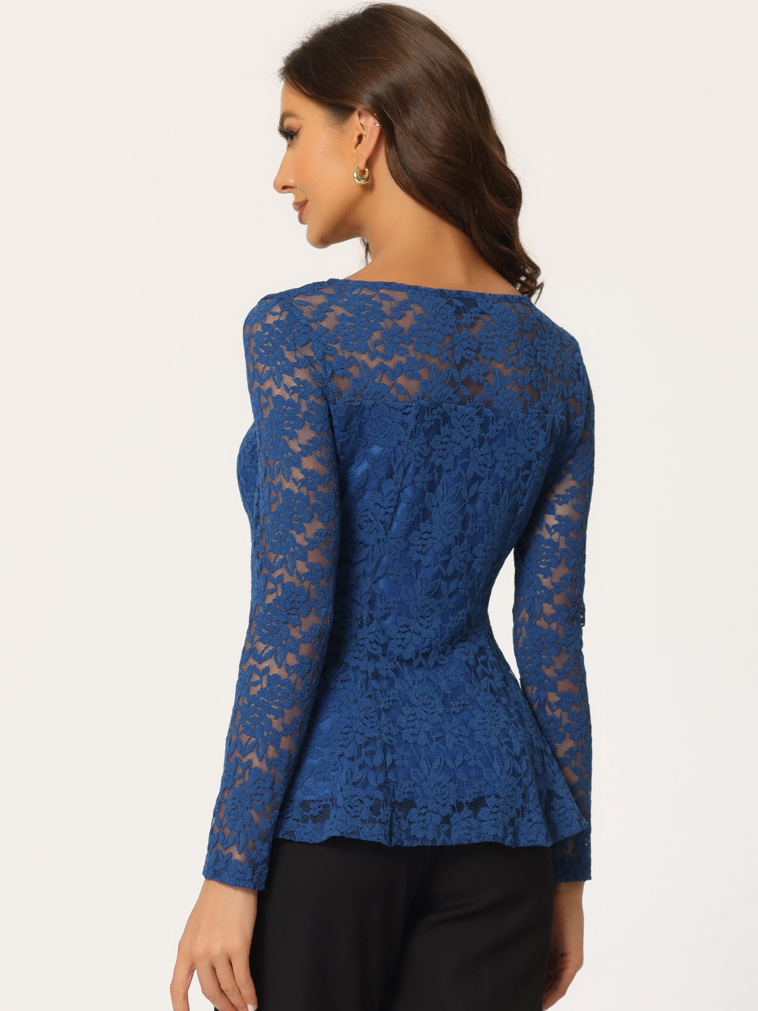 DARING DIVA Lace Peplum Tops Elegant Floral Lace Blouse XL Royal Blue