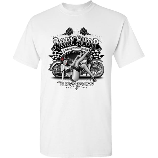playera retro Body Shop Chopper sexy Pin-up Girl Route 66 Biker para hombre