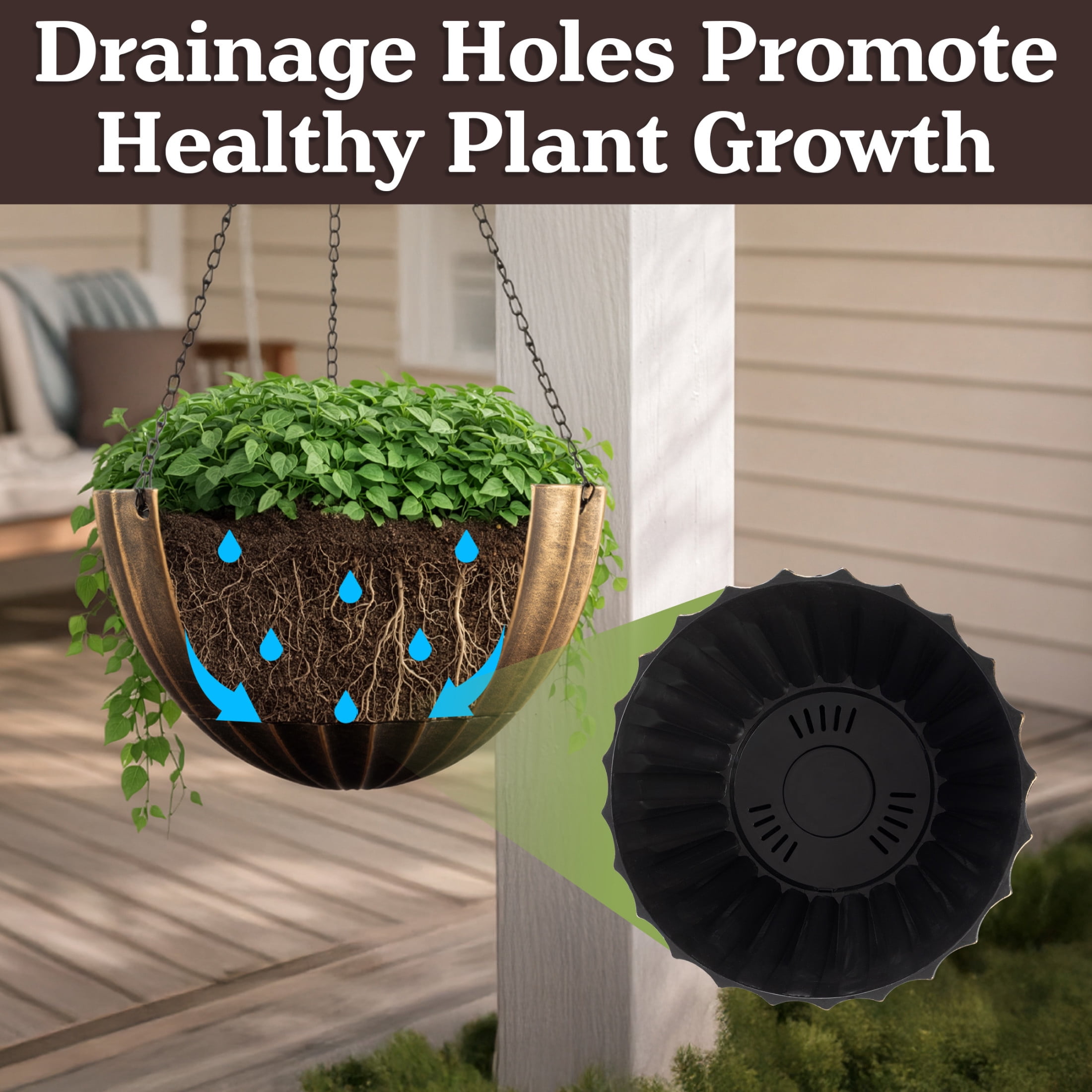 Pure Garden 12.5in Durable Plastic Hanging Planter 2-Pack with Drainage Reservoir, Bronze