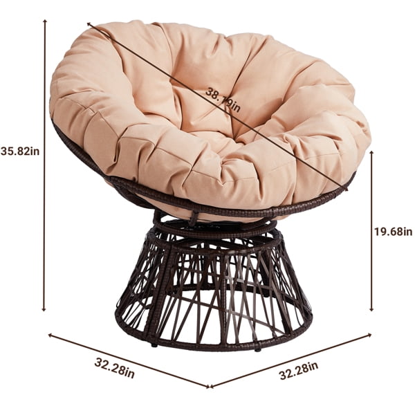 38" Ergonomic Swivel Wicker Papasan Chair with Thick Tufted Cushions, 360 Degree Rotatable Chairs for Living Room Bedroom Reading Room, Beige Cushion