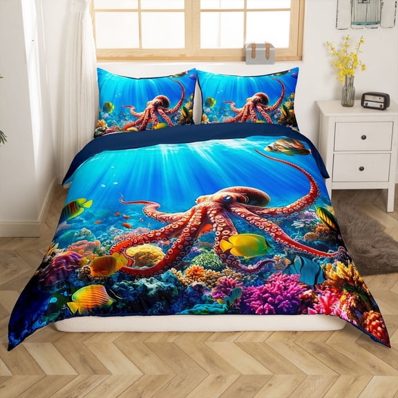 Erosebridal Sealife Octopus Comforter Cover Twin,Marine Animal Bedding Twin Size,Sea Room Decorative,Reversible,2-Piece(No Comforter)