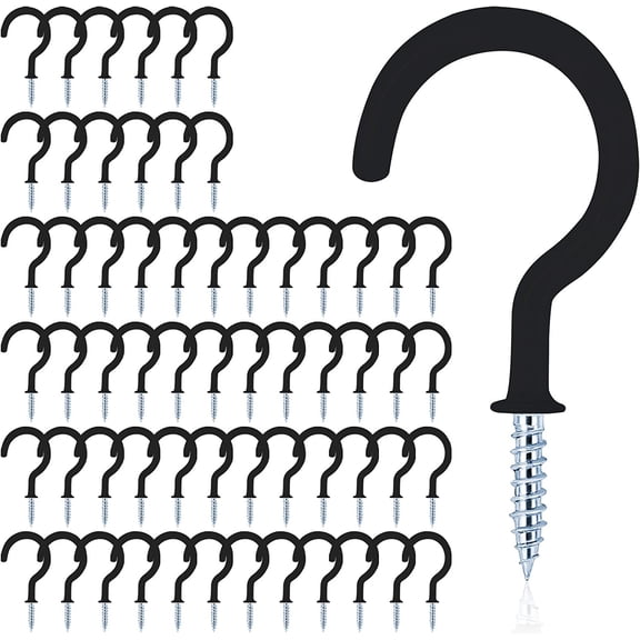 50 PCS Vinyl Coated Ceiling Hooks Question Mark Shape Hook Heavy Duty Screw Cup Hook for Bathroom Kitchen Wall Ceiling Hanging (Black, 1/2 Inch)