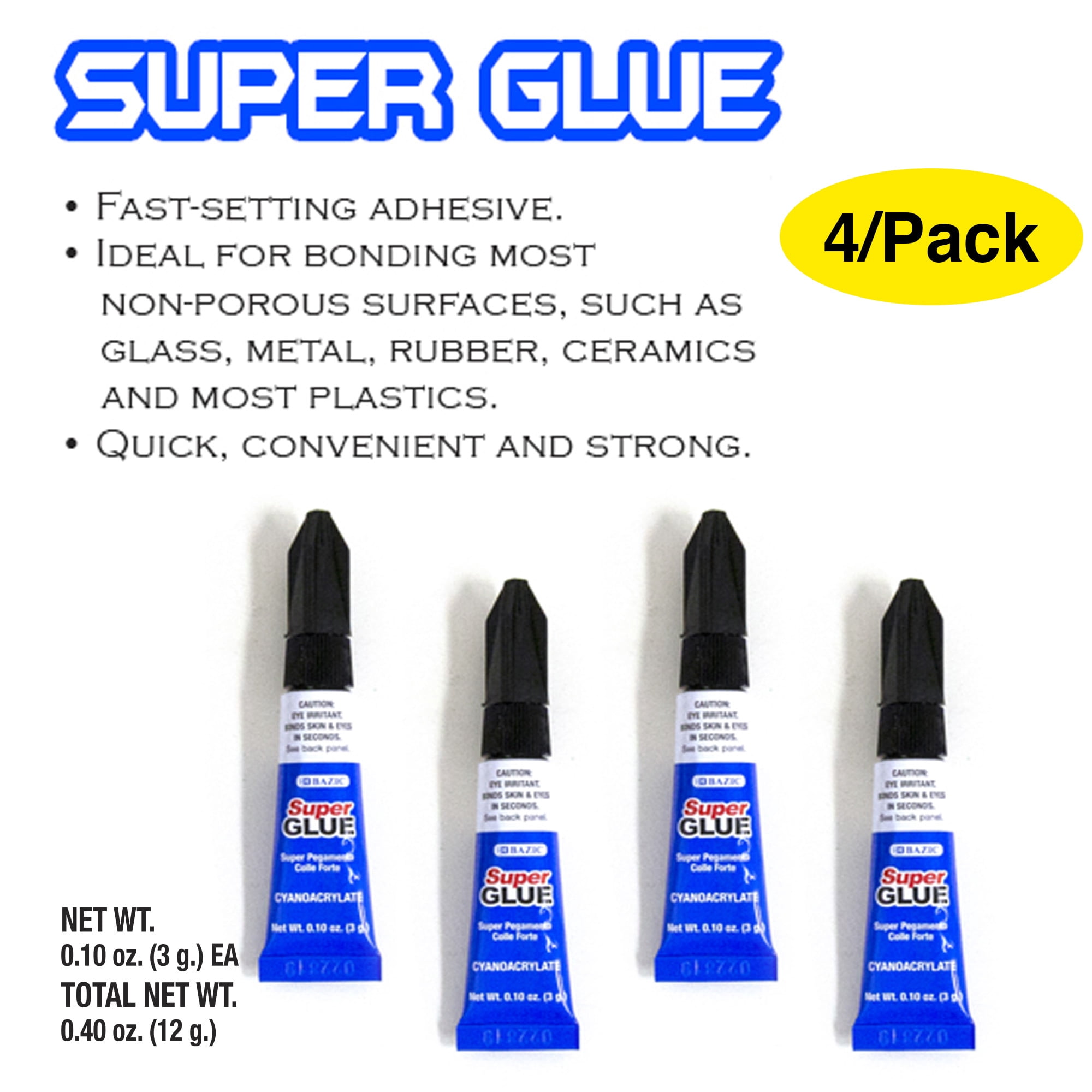 BAZIC Super Glue 3g/0.10Oz, Clear Adhesive Fluid Liquid (4/Pack), 24-Packs