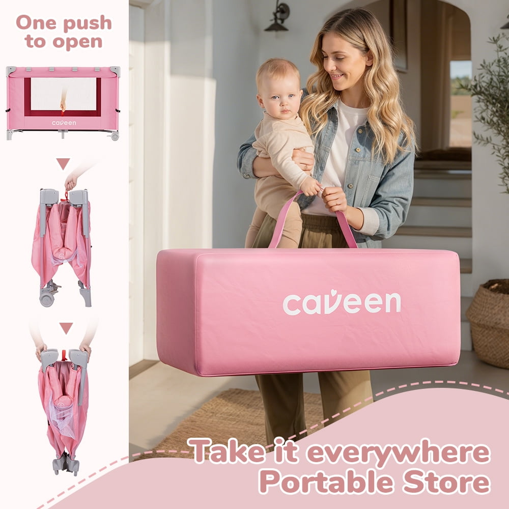 Baby Bassinet, Caveen 5 in 1 Baby Playard with Bassinet, Portable Baby Crib, with Removable Changing Station & Storage Organizer, Pink