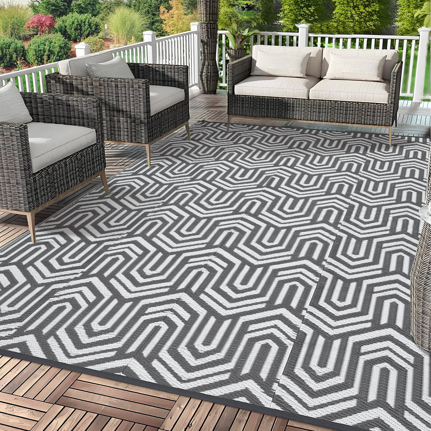 Garvee Waterproof Outdoor Rug 8x10ft Reversible Patio Rug, Plastic Straw Rug RV Camping Rug for Deck Balcony Porch Picnic Backyard, Gray White