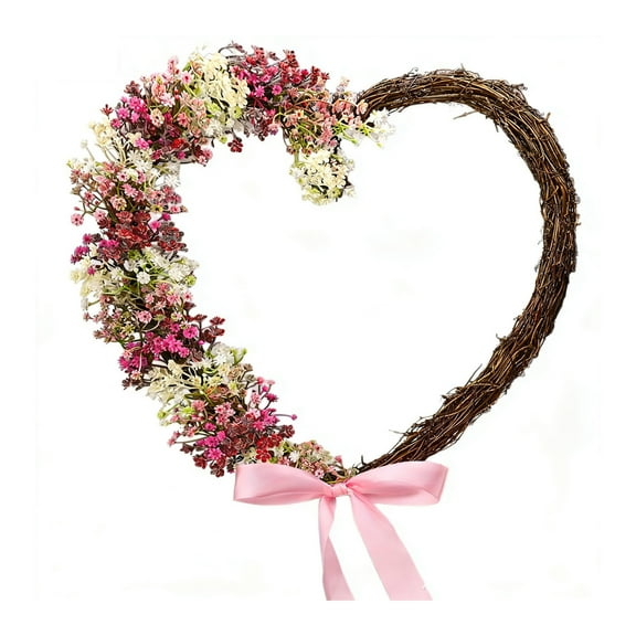 TanSiDing 1pcs Valentine's Day Wreath Artificial Baby's Breath Floral Heart Door Hanging Decoration with Bow for Home Party Wedding Decor