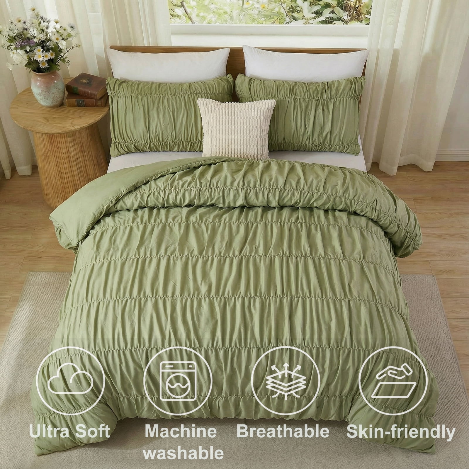 100% Cotton Green Wrinkle Duvet Cover Set Queen,Ruched Bedding Comforter Cover,Shabby Chic Ruffled 3 Pcs Queen Duvet Cover Set,Bohemian Boho Bedding Set with 1 Duvet  Cover 2 Pillowcases
