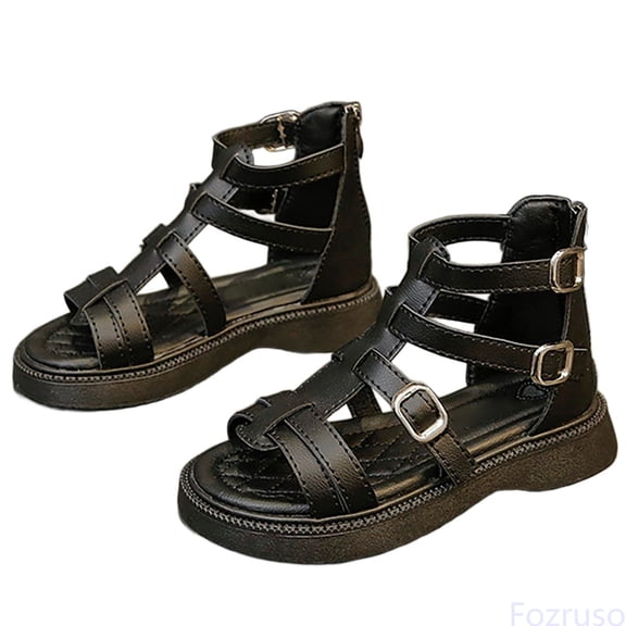 Fozruso Girls' Soft Sole Roman Sandals For Summer,Sizes 9.5 Big Kid 26(Black)