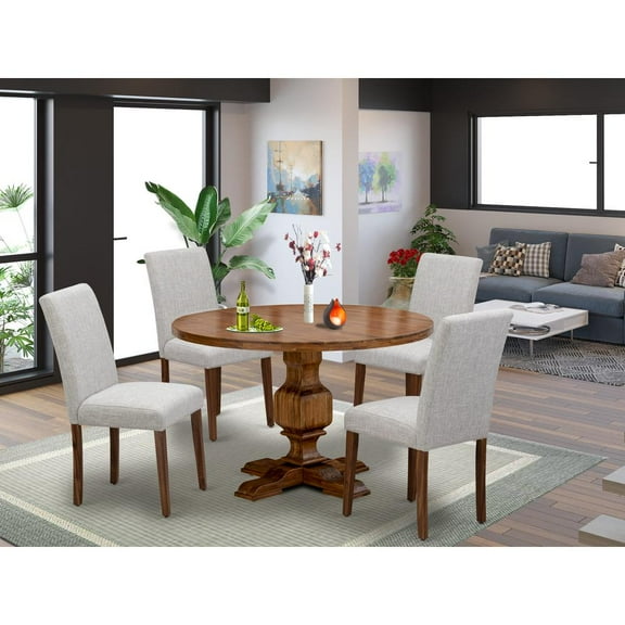 East West Furniture 5-Pc Dining Set - Modern Kitchen Table and 4 Doeskin Color Parson Dining Chairs with High Back - Antique Walnut Finish