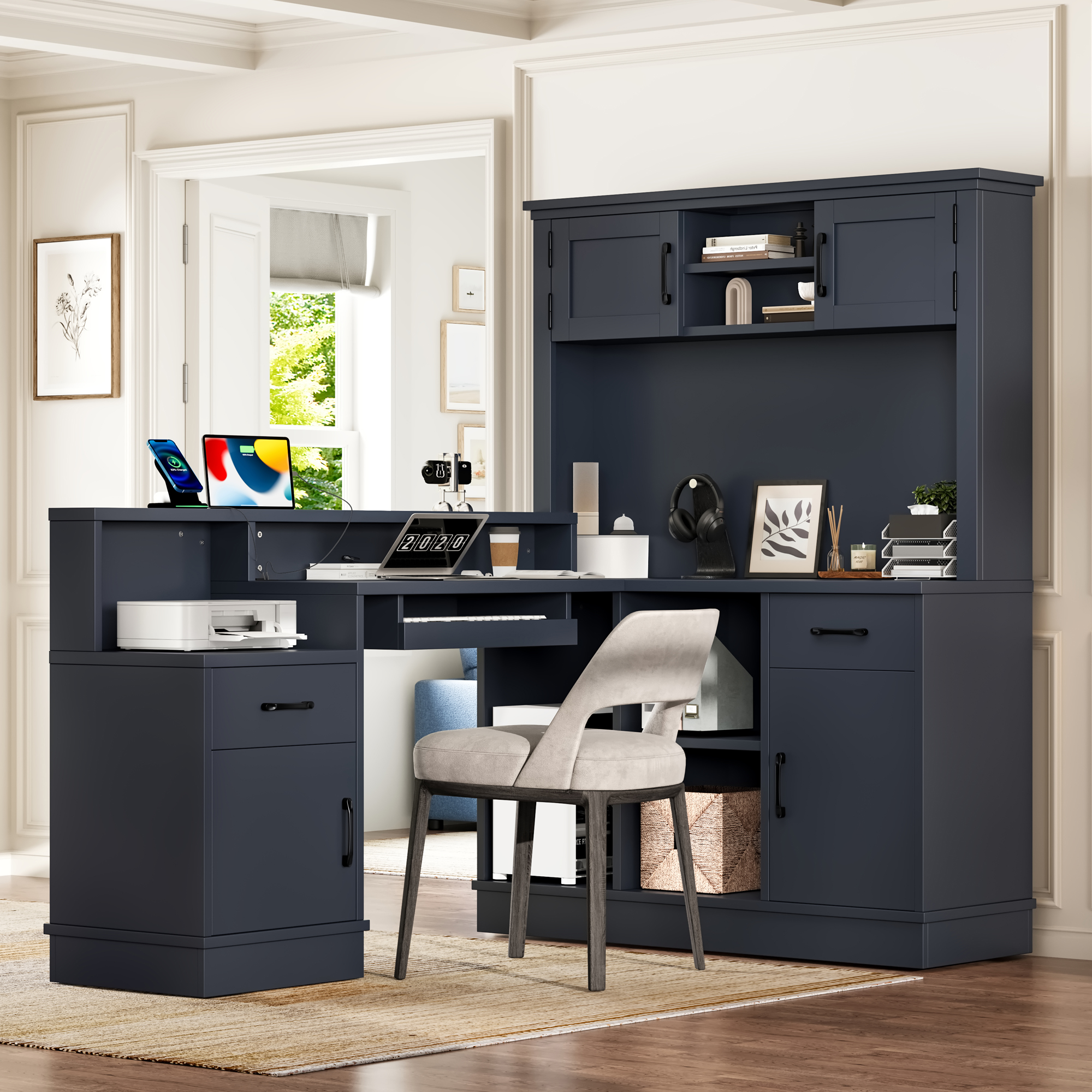 Newest Modern L-Shaped Desk with Built-in Outlet & Storage, 4-Cabinet 2-Drawer Computer Desk for Home Office, Blue