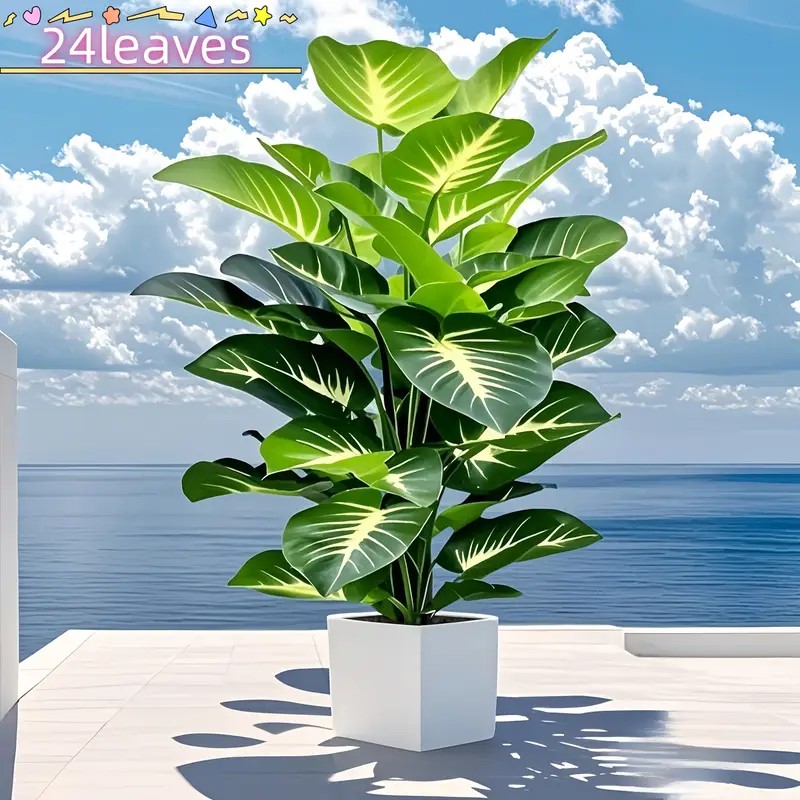 2 Large Realistic Artificial Green Plants Lifelike Tropical Style Lush Green Leaves Perfect for Indoor Outdoor Ground Decoration Home Garden Courtyard Durable Plastic Material No Maintenance Required