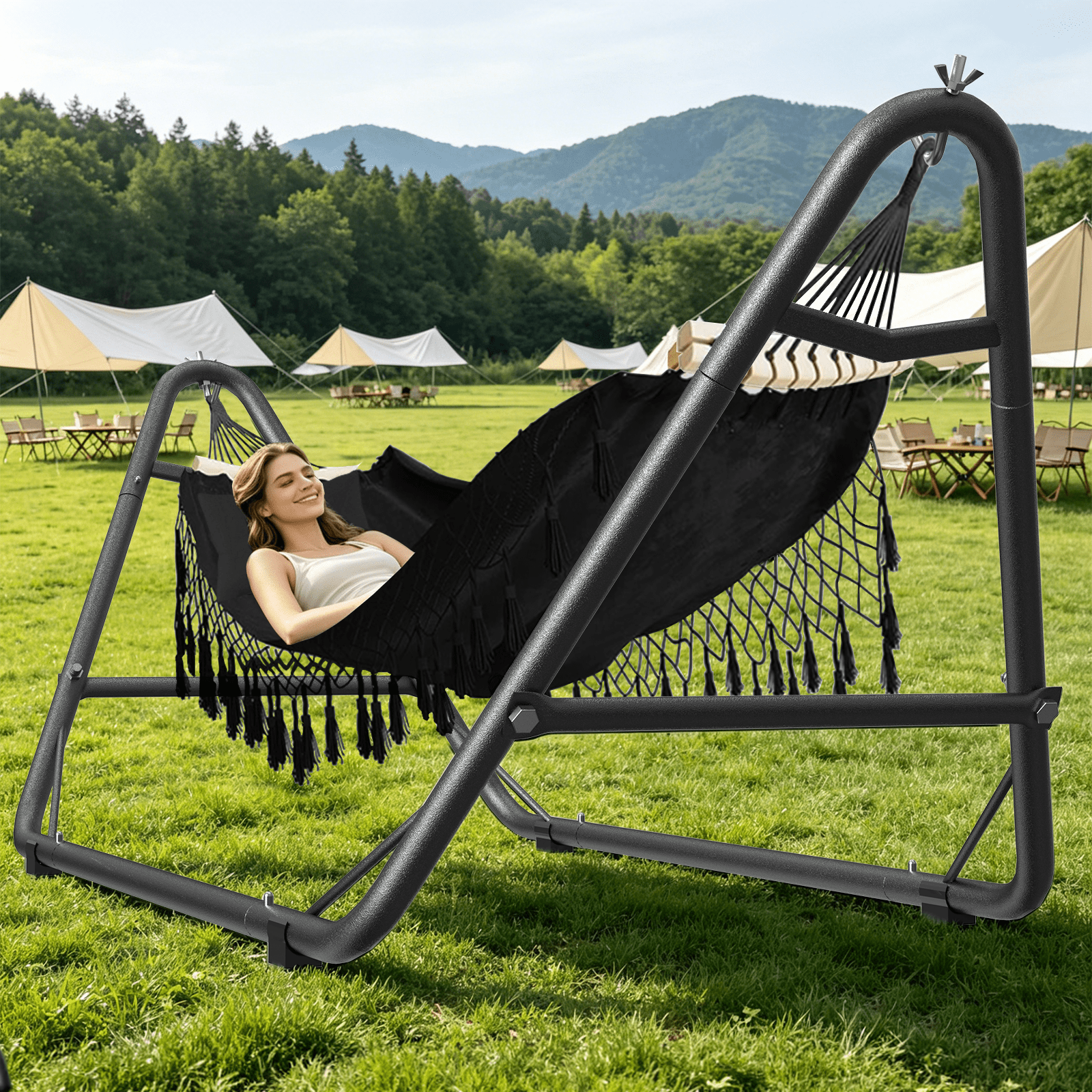 Yacona Hammock with Stand for Outside, Heavy Duty Steel Hammocks with Pillow for Backyard, Porch, Patio, Garden, Black