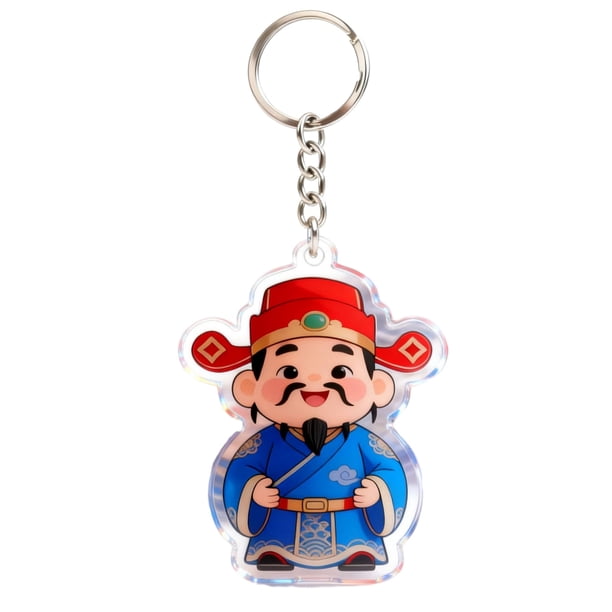 Llavero con colgante de Dios de la Riqueza, acrílico de doble cara, transparente, nacional, con decoración de Yuanbao de la suerte.