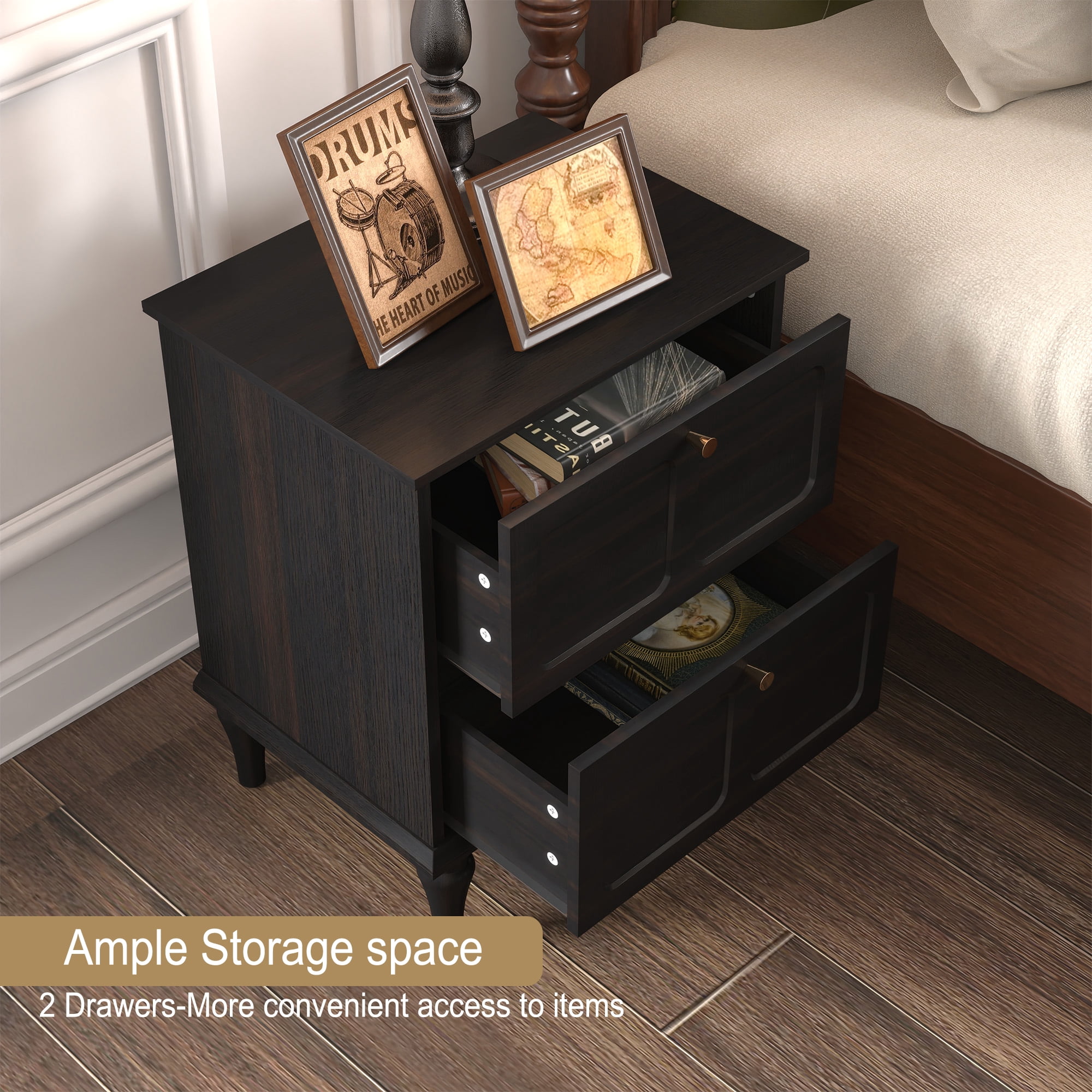 HLR 20" Mid Century Nightstands Set of 2 with Drawers, Wood Bedside Table End Table for Bedroom, Black