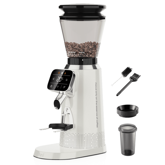 Tuni G2 Conical Burr Coffee Grinder, 70 Grind Settings Anti-static Burr Mill, Precision Electronic Timer and LED Touchscreen for Espresso/Drip/Cold Brew/French Press, Stainless Steel, Ivory