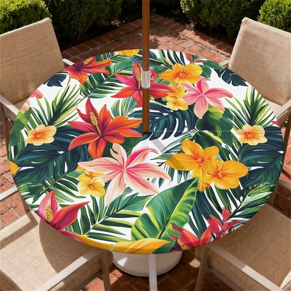 ARTSLION Round Outdoor Tablecloth For Up To 36in With Umbrella Hole & Zipper Waterproof Elastic Edge Fitted Table Cover Big Sunflower For Patio Picnic Party, Tropical Flowers
