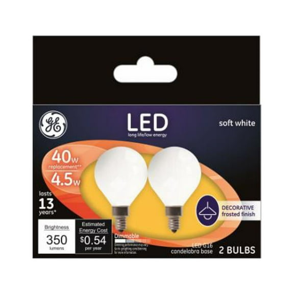 GE 25046 LED Bulb G16 E12 (Candelabra) Soft White 40 W Frosted Pair