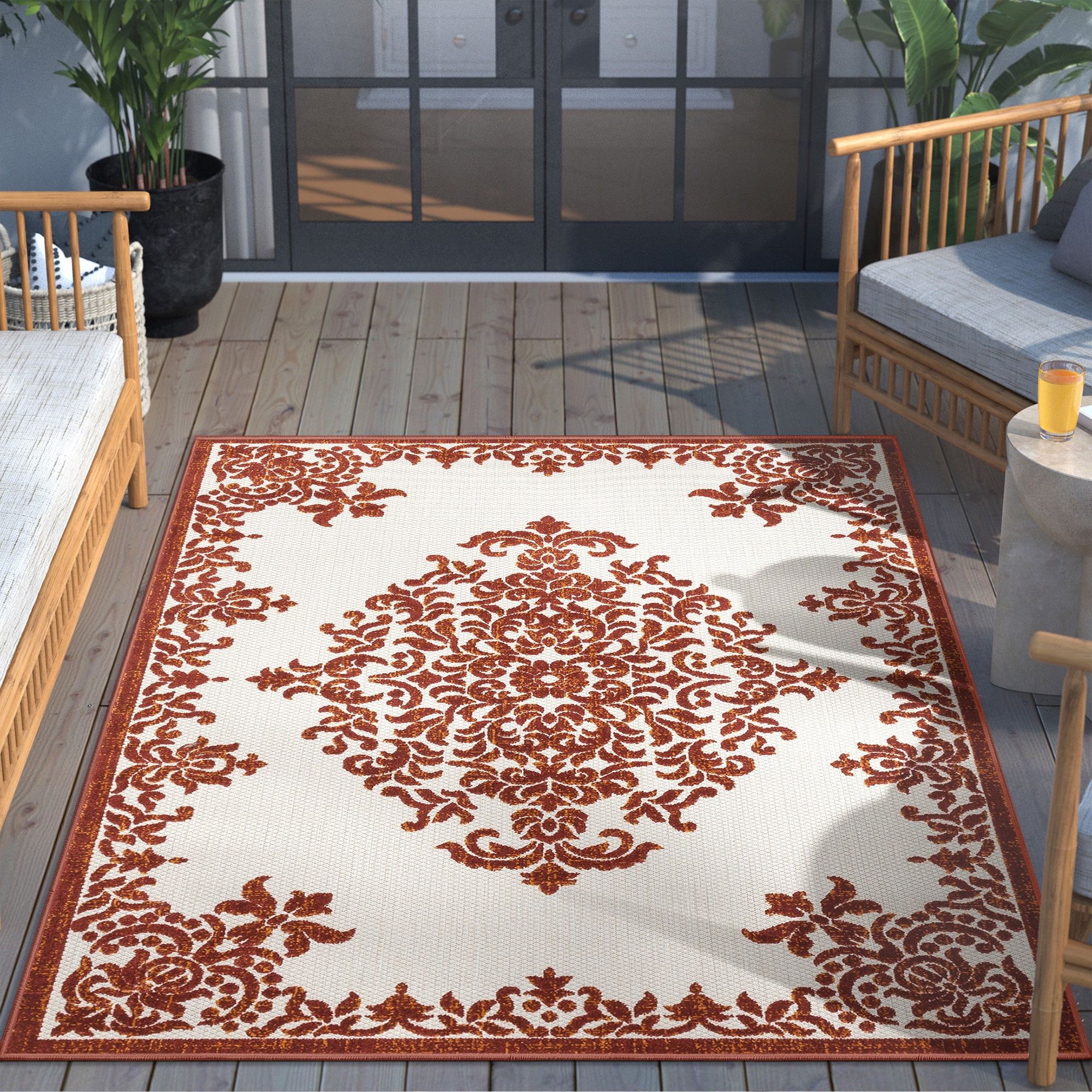 Well Woven Dorado Arid Modern Floral Terracotta Indoor/ Outdoor High-Low Pile 5'3" x 7'3" Area Rug