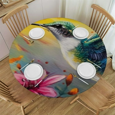 Round Fitted Tablecloth with Elastic Edge, Hummingbird Flower Table Cover Waterproof Wipeable Table Cloths for Round Tables