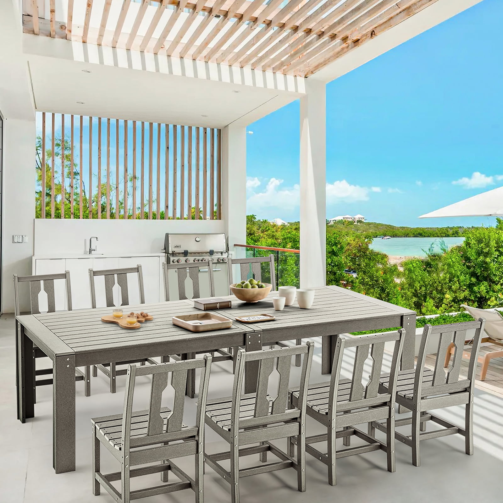 Yoleny 9 Piece Patio Dining Set, Patio Table with 8 Armless Chairs