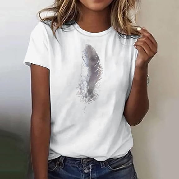 AGWOLF Summer T Shirts for Women Cute Feather Graphic Tees Loose Fit Short Sleeve Shirt Vintage Printed Shirt Daily Travel Tops