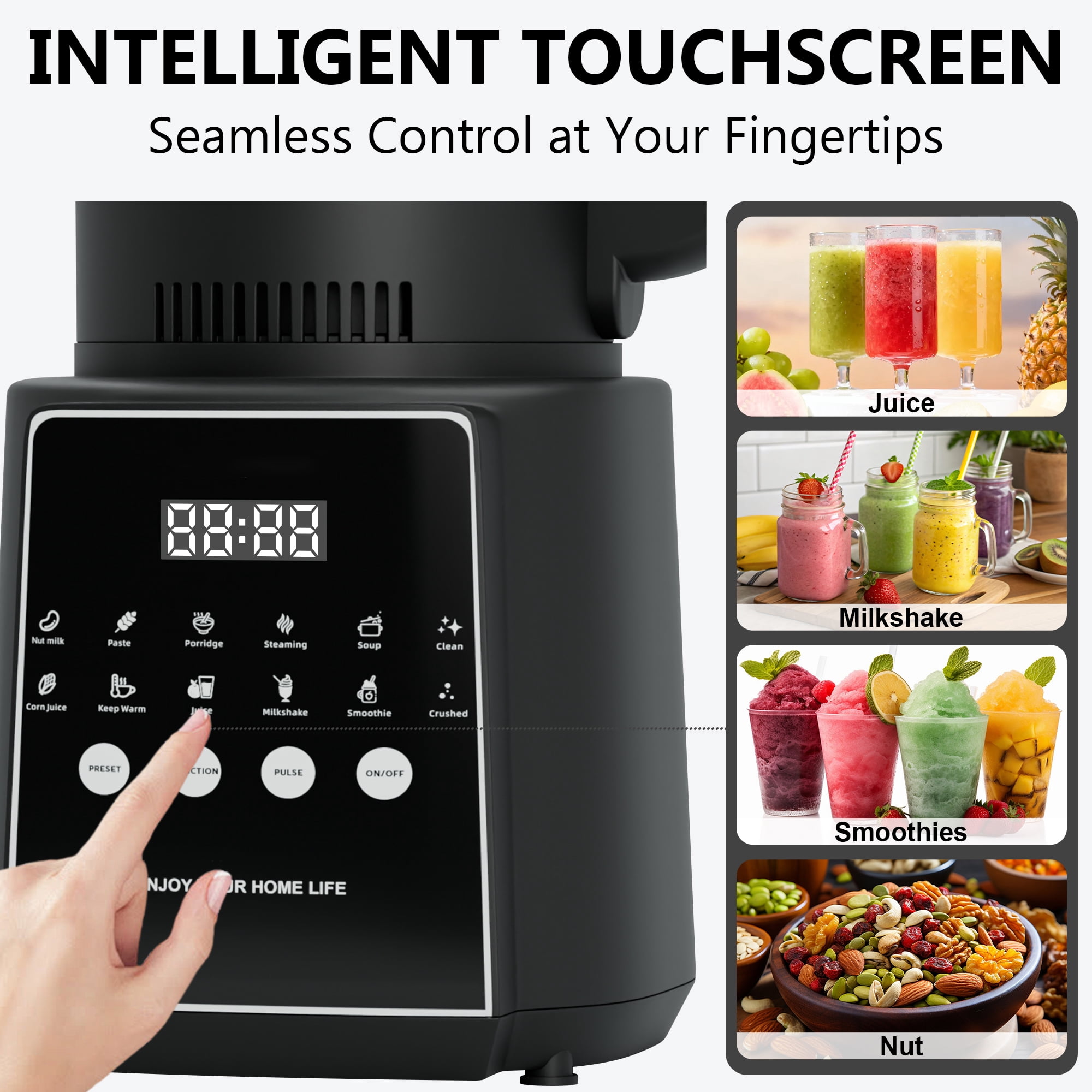 Blender for Kitchen, 55oz Countertop Blender 1200W Peak Power with Ice Crush & Smoothie Functions, Self-Cleaning Food Processor, Stainless Steel Blades, Black
