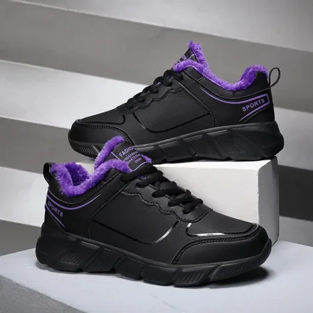 

Women‘s Faux Leather Sneakers Winter Thermal Lace Up Running Shoes Women‘s Casual Warm Plush Lined Jogging Sneakers