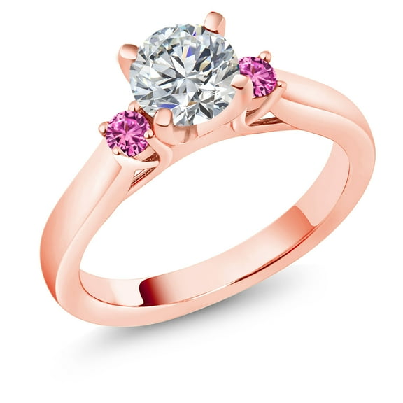 Gem Stone King 18K Rose Gold Plated Silver Lab Grown Diamond and Pink Created Sapphire Engagement Ring for Women | 0.84 Cttw | Round 6MM | Gemstone April Birthstone | Size 5