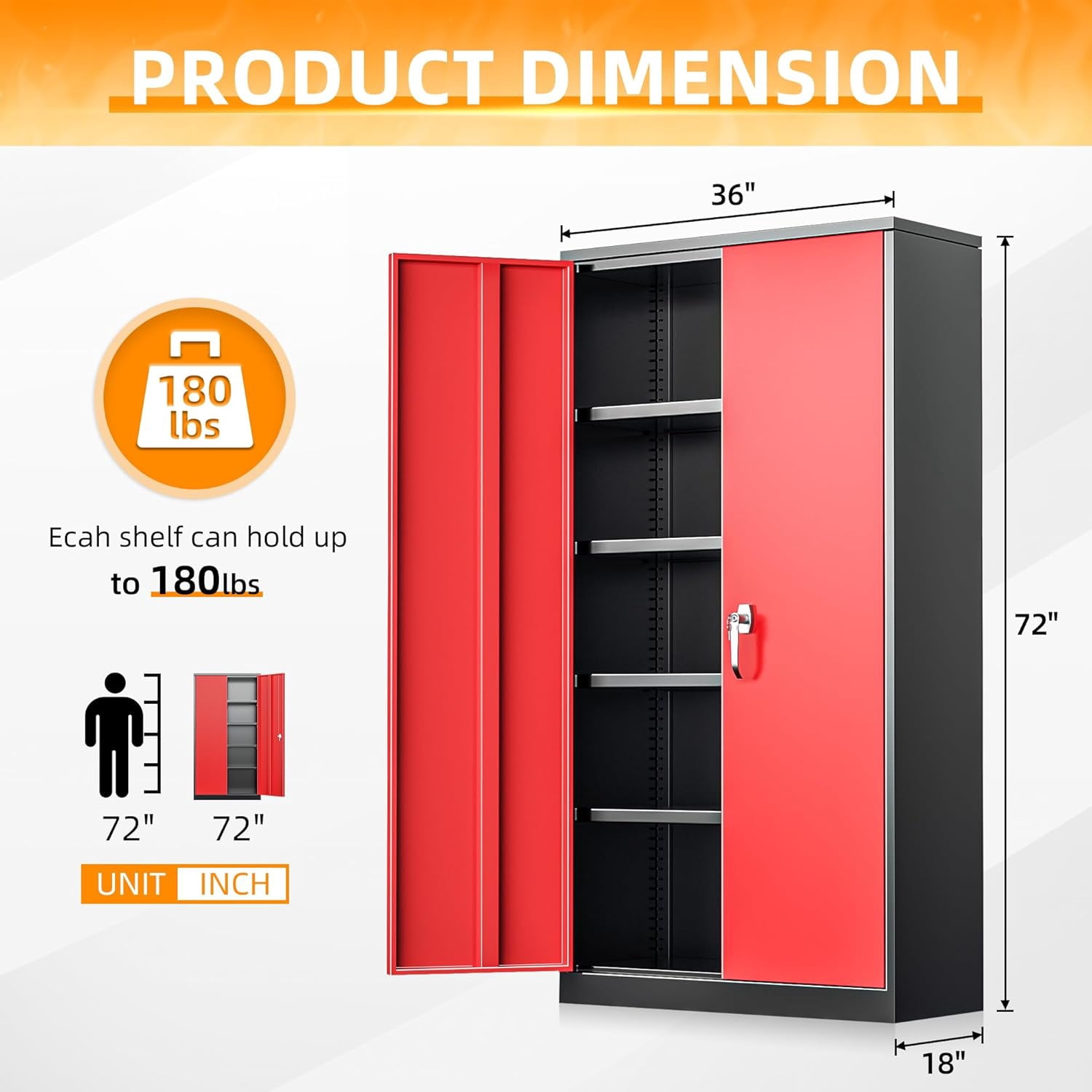 SUNCROWN 72" Metal Storage Cabinet, Locking Steel Cabinets with 2 Doors and 4 Adjustable Shelves,Tall Steel Storage for Home Office, Garage,Warehuse (Black Red)