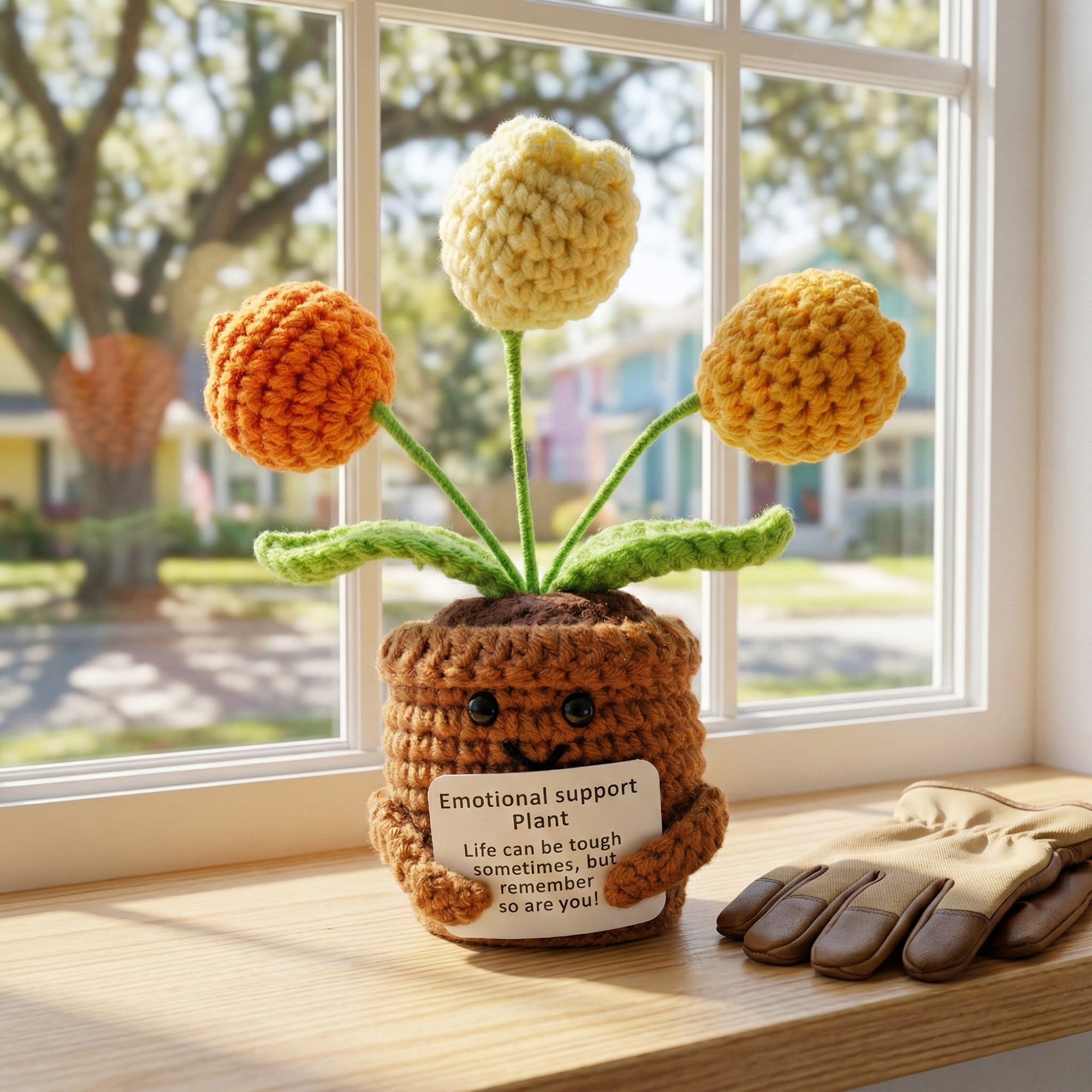 Unique Bargains Handmade Crochet Puffy Tulip Knitted Potted Plant Yellow 4.3inch