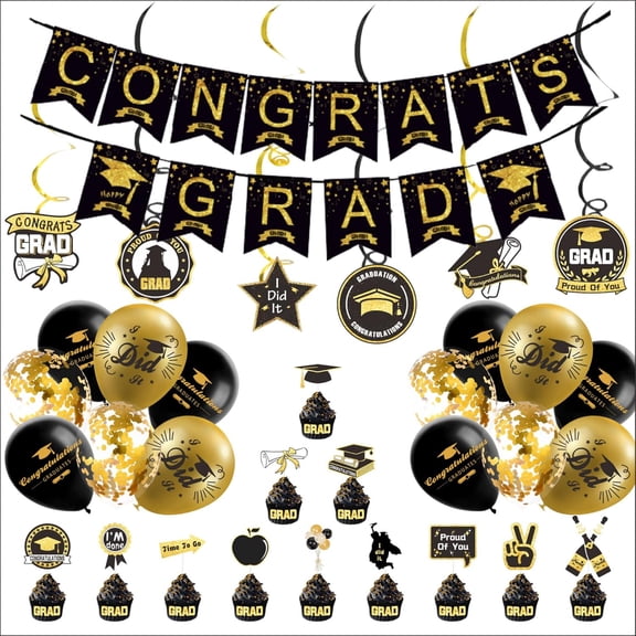 Graduation Party Decoration Set 43pcs, Black Gold Congrats Grad Banner Swirls Balloons Cupcake Toppers, Hanging Decor for Graduation Party Photo Backdrop Dessert Table Gift