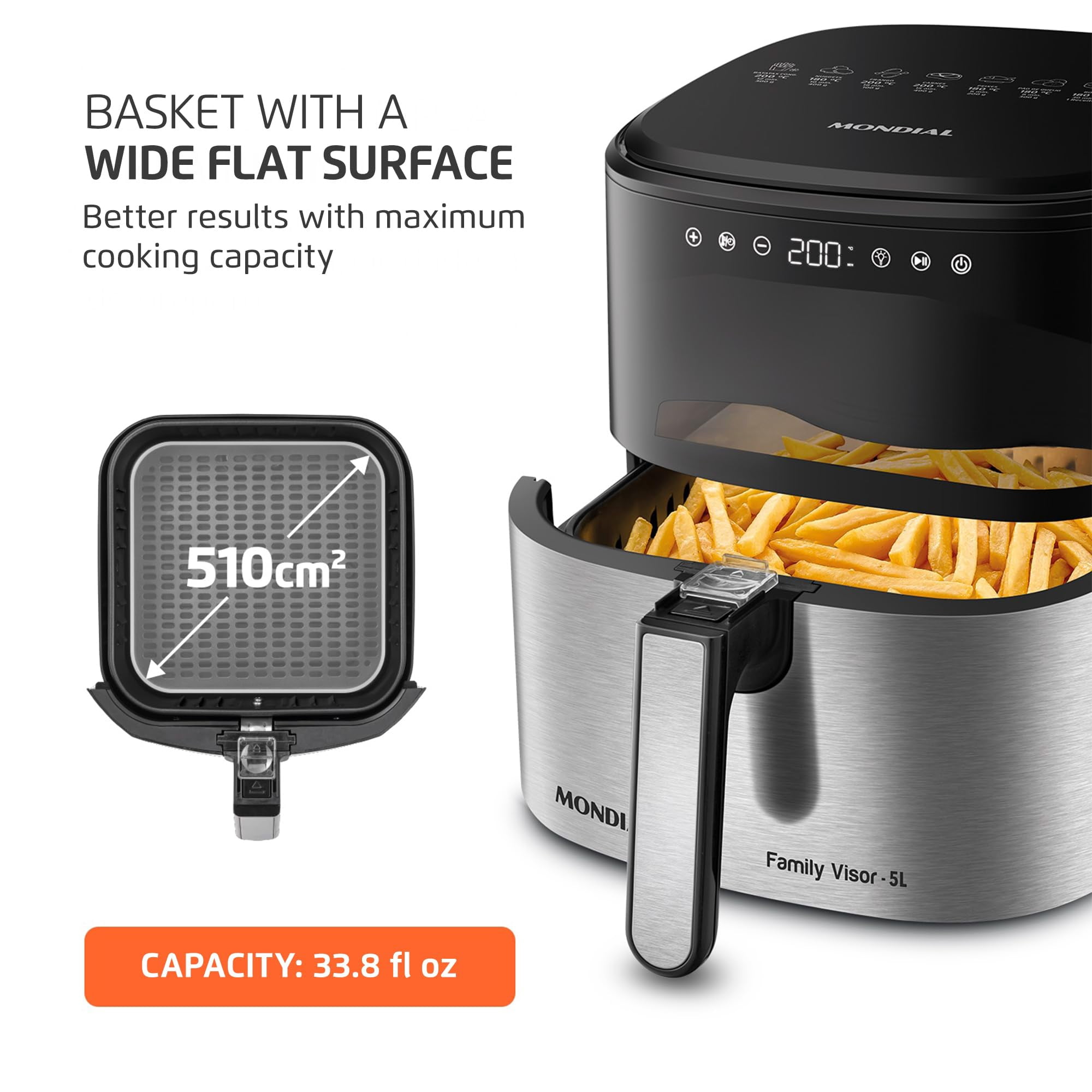 Mondial Digital Air Fryer, Touchscreen Display, 5.3 Qt, 1800W, Black Stainless Steel