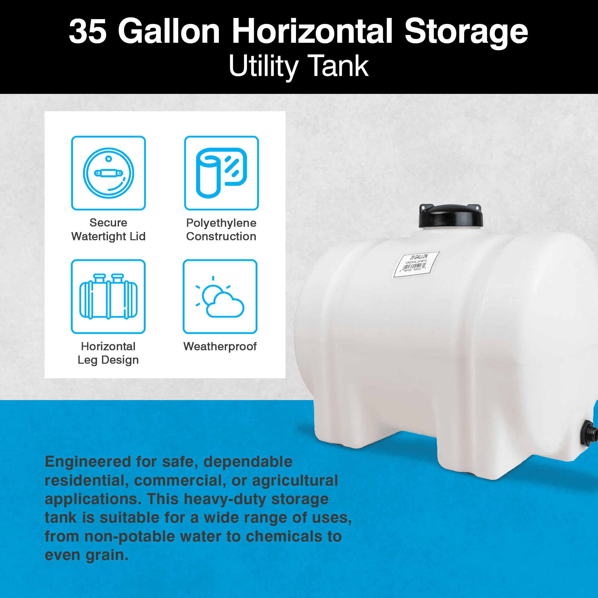 Norwesco 35 Gallon Horizontal Storage Tank w/ Legs, White Poly Liquid Container