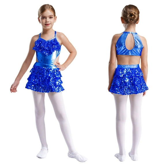 Sholeno Children Girls Gymnastic Bodysuit Latin Jazz Dance Leotard Dress Ballet Dancewear Sequins Jumpsuit Blue 8