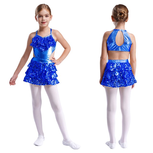Moggemol Robe Tutu de Danse Jazz Latine pour Adolescentes Justaucorps à Sequins Combinaison de Gymnastique Performance Bleu 12