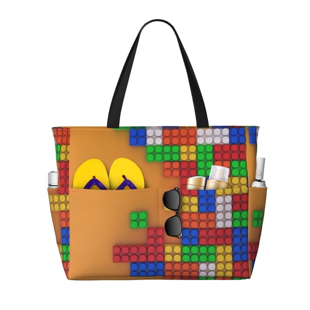 Disketp Colorful Building Blocks A Bolsa de Playa de Gran Capacidad, Bolso Impermeable y a Prueba de Arena para Mujer, Ideal para Playa, Piscina y Natación