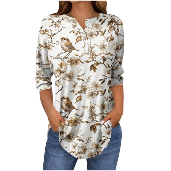Cilsoka Women's Tops, Tees & Blouses Fitted, 3/4 Sleeve Shirts for Women 2026 V Neck Loose T-Shirts Casual Spring Summer Tees Dressy Blouses Button Down Tunic Tops, Floral Print Tshirts