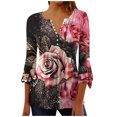 thumbnail image 4 of Blusa informal con botones estampados y plisados de plástico para mujer, manga 3/4, manga corta y cuello de cuerno., 4 of 4