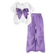 thumbnail image 2 of SGFCWSX Girls 2 Piece Outfit Sequin Bow Print Short Sleeve Top and Elastic Waist Cargo Wide Leg Pants Casual Summer Set Purple Size 6, 2 of 7