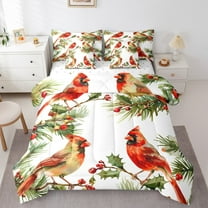 jejeloiu Wild Bird Cardinal Twin Bedding Sets 7-Piece,Christmas Red Berry Bedding Comforter Set,Red Green White Sheet Sets For Girl,Red White Home Decor Reversible