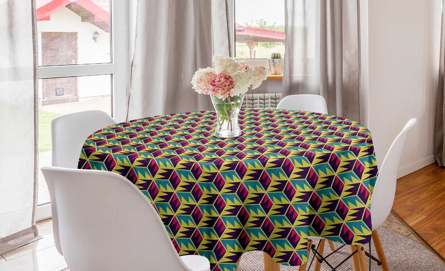Triangular Tablecloth Geometric Round Tablecloth, Retro Design Triangular Ornament Cubes ...