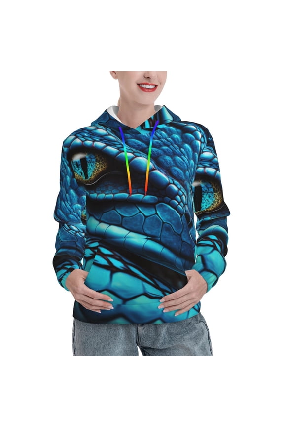 Blue Viper Snake Closeup Face Pattern Casual Women's Hoodie, Hooded Sweatshirt with Kangaroo Pocket, Comfortable Pullover with Eye-catching Drawstrings-Large
