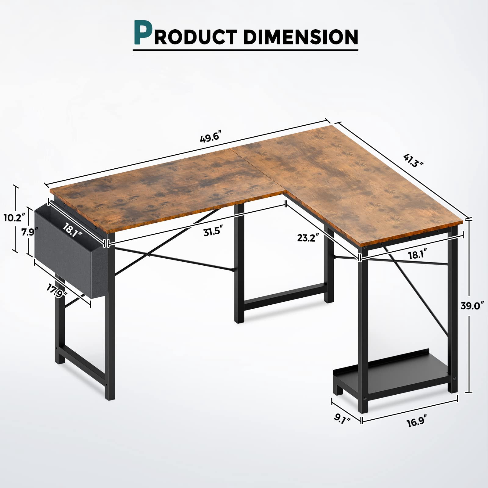 L Shaped office Computer Desk Corner Workstation with Side Storage Bag and CPU Stand Shelf, 49 Inch, Rustic Brown