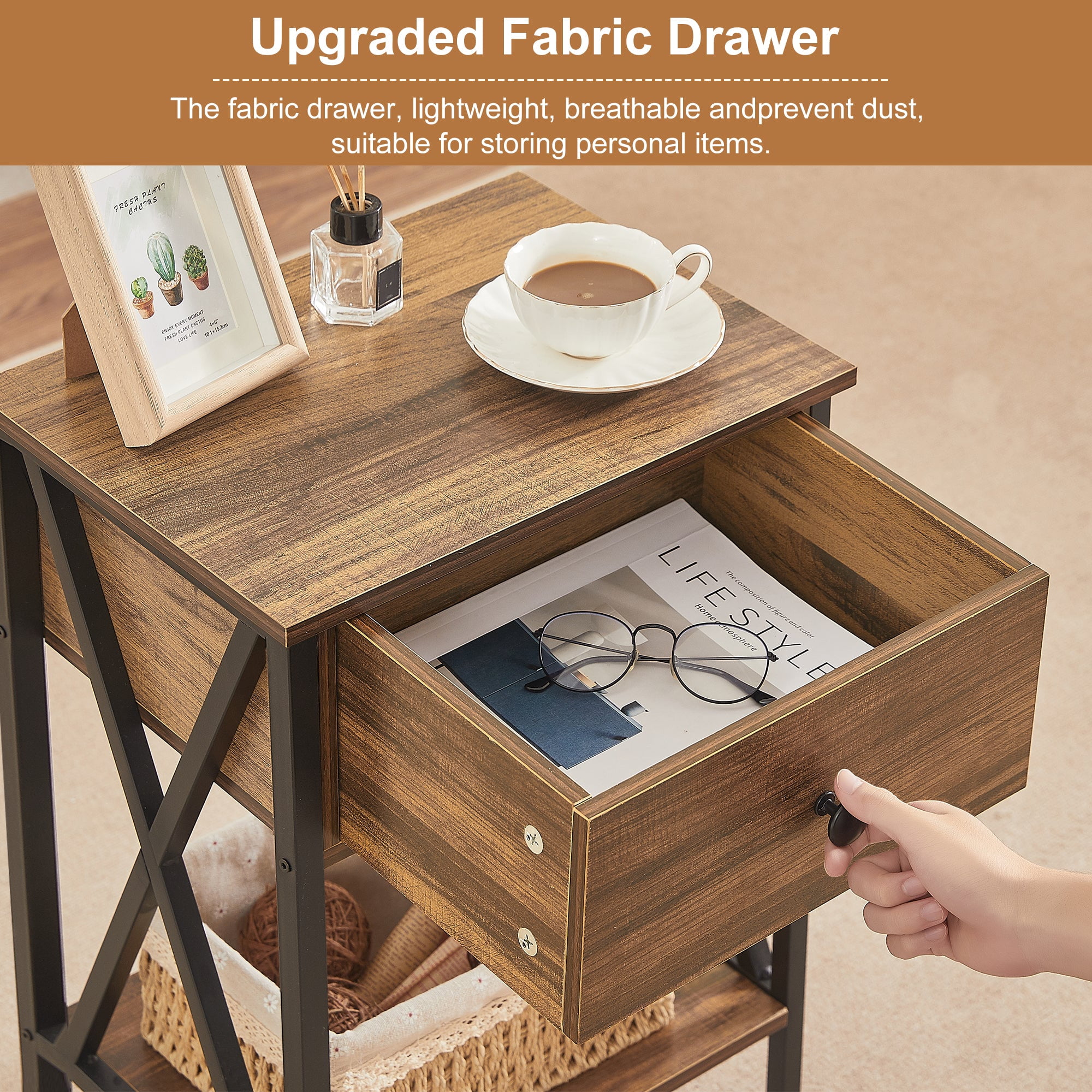 VECELO Nightstand with Drawer and Open Storage Shelves, Bedside End Table for Bedroom Living Room, Brown