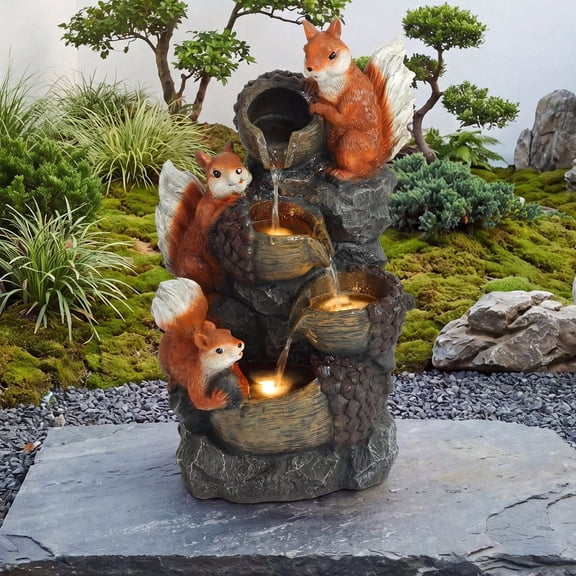 23.6 Inch Squirrel Rock Cascading Water Fountain, Outdoor Freestanding Resin Waterfall with Warm LED Lights, UV Weather Resistant, Low Noise Relaxing Garden Decor for Patio, Backyard, Lawn & Porch