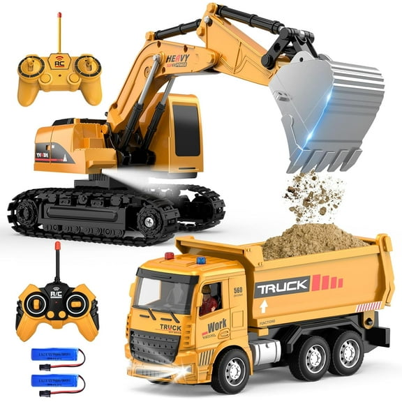 Remote Control Excavator and Dump Truck Toy Set with Barricades, Road Signs, Lights Sounds, Birthday Gifts for 3-12 Year Boys Girls