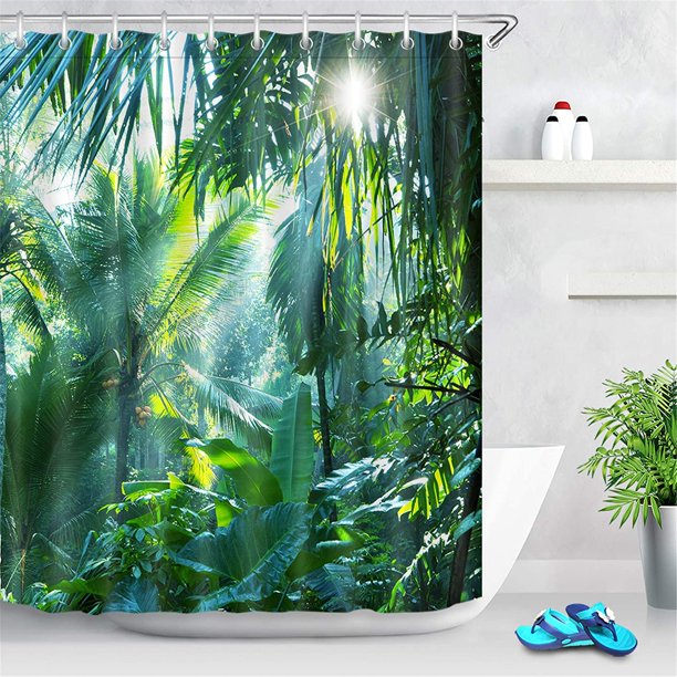 Cortina de ducha con ganchos de bosque de jungla, 180 x 200 cm, cortina de baño con hojas de plátano verde y plantas tropicales, resistente al agua, a prueba de moho, cortina de tela de
