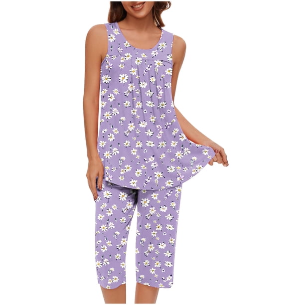 Conjunto de Verano para las Mujeres Casual Impreso sin Mangas Cuello Redondo Y Pantalones Recortados de Dos Piezas